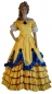 Preview: Kleid Sissi/ Belle: Oberteil und Rock, goldgelb mit royalblauer Rüsche, schwarze Blüten, gold-bl