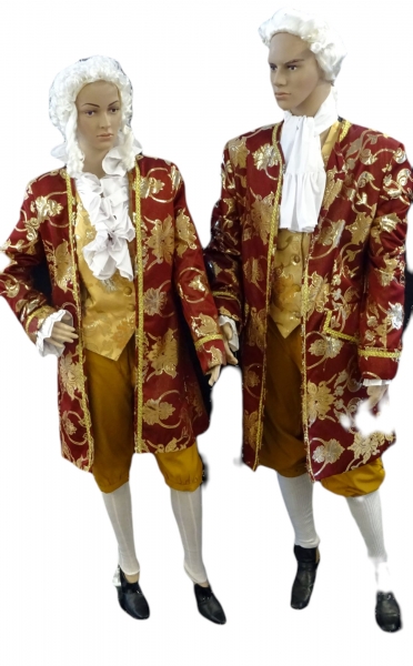 Preview: Rokoko-Dame:lange Jacke rot-gold,Weste beige-gold mit Ärmeln-Volant am Ausschnitt,Hose beige