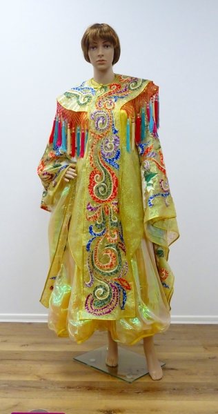 Chinesische Kaiserin: Kleid mit pompösem Gewand (Überwurf) reich bestickt & Kopfschmuck,Schärpe, gelb