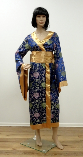 Geisha, Kimono mit Gürtel und Schleife, blau-gold