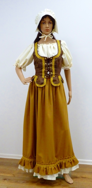 Frau aus den Mittelalter: braune Miederweste, beige Bluse, beige Haube, brauner Volantrock, braun-be