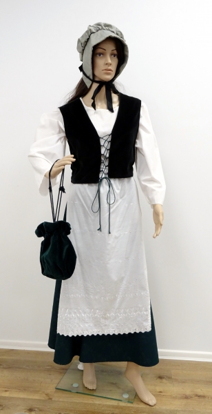 Marktfrau, weiße Bluse, schwarze Weste, grüner Rock, weiße Schürze
