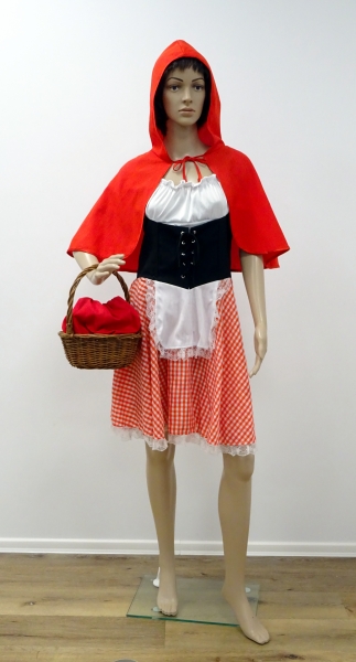 Rotkäppchen: kurzes Kleid mit Schnürung (kariert) undCape, rot-schwarz-weiß