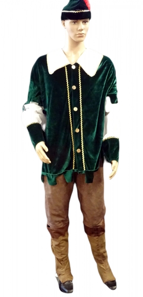 Robin Hood: Oberteil grüner Samt, Hose beige, Gürtel mit Täschchen, Hut, braun-schwarz