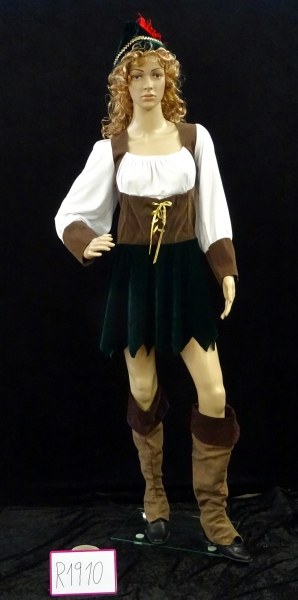 Robina Hood :Kleid braun-grün,Stulpen,Kappe grün,Gürtel,Beutel