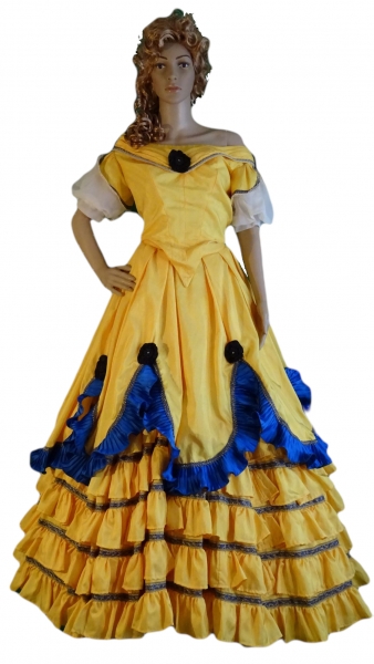 Kleid Sissi/ Belle: Oberteil und Rock, goldgelb mit royalblauer Rüsche, schwarze Blüten, gold-bl