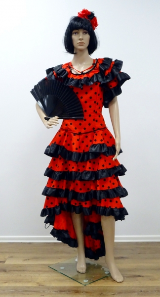 Spanierin: Kleid rot mit schwarzen Punkten, schwarz Volants