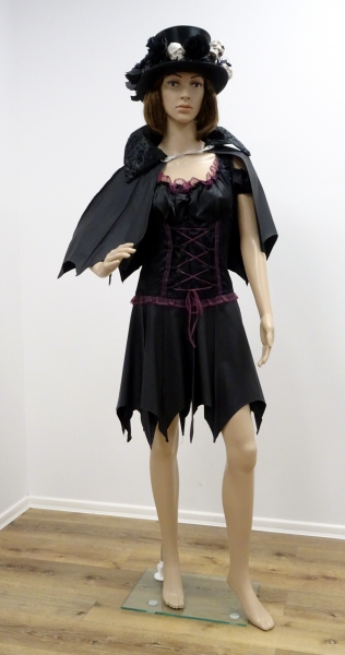 Schwarze Witwe: kurzes Kleid (lila Schnürung) mit kund Cape, schwarz