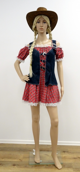 Westernkleid kurz, rot-kariertes Unterkleid mit angesetzter Jeansweste