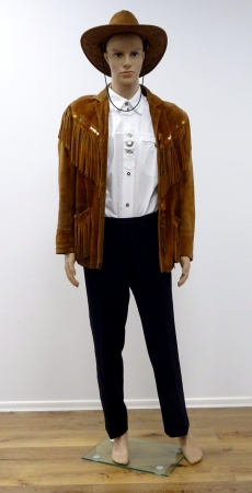 Westernjacke,Wildleder braun,Taschen-Ärmel-Sattel vorn+hinten lange Lederfransen mit bunten Mustern