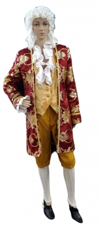 Rokoko-Dame:lange Jacke rot-gold,Weste beige-gold mit Ärmeln-Volant am Ausschnitt,Hose beige