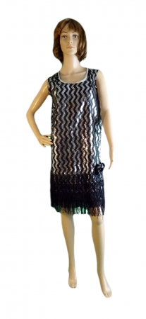 Charlestonkleid, Pailletten, unten Fransen, schwarz-silber