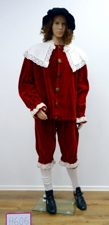 Landsknecht, rot-brauner Samt, Oberteil und Hose, breiter weißer Kragen