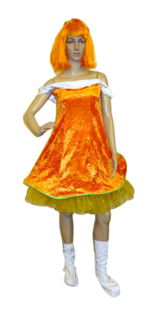 Kürbis-Dame 3 teilig Kleid, Perücke und Stiefelgaloschen, orange