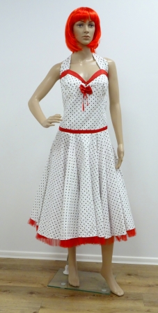 Corsagenkleid: weiß mit schwarzen Punkten