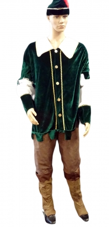 Robin Hood: Oberteil grüner Samt, Hose beige, Gürtel mit Täschchen, Hut, braun-schwarz