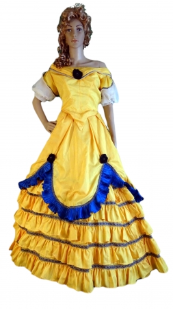 Kleid Sissi/ Belle: Oberteil und Rock, goldgelb mit royalblauer Rüsche, schwarze Blüten, gold-bl