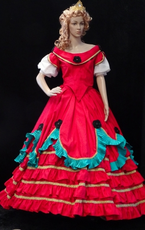 Kleid Sissi: Oberteil und Rock, rot mit grüner Rüsche, schwarze Blüten, goldene Borte