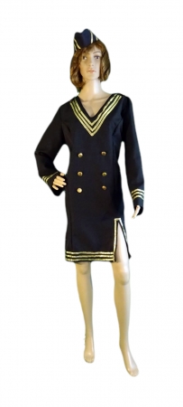 Stewardess Kleid, schwarz, Goldstreifen, goldene Knöpfe, mit Abzeichen