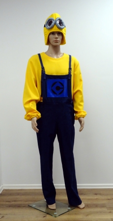 Minion: Jeans-Latzhose mit Enblem,gelbes Hemd,gelbe Kappe-2 Augen