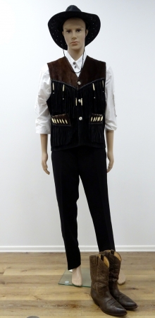 Westernweste, schwarz, Echt Leder mit Fell, Fransen und Holzverziehrung, Metallknöpfe, Büffel